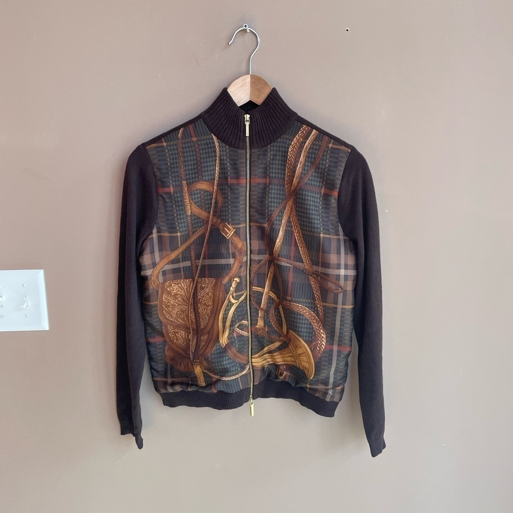 Lauren Ralph Lauren Silk Cashmere Full Zip Printed Jacket in‎ Brown Size Small